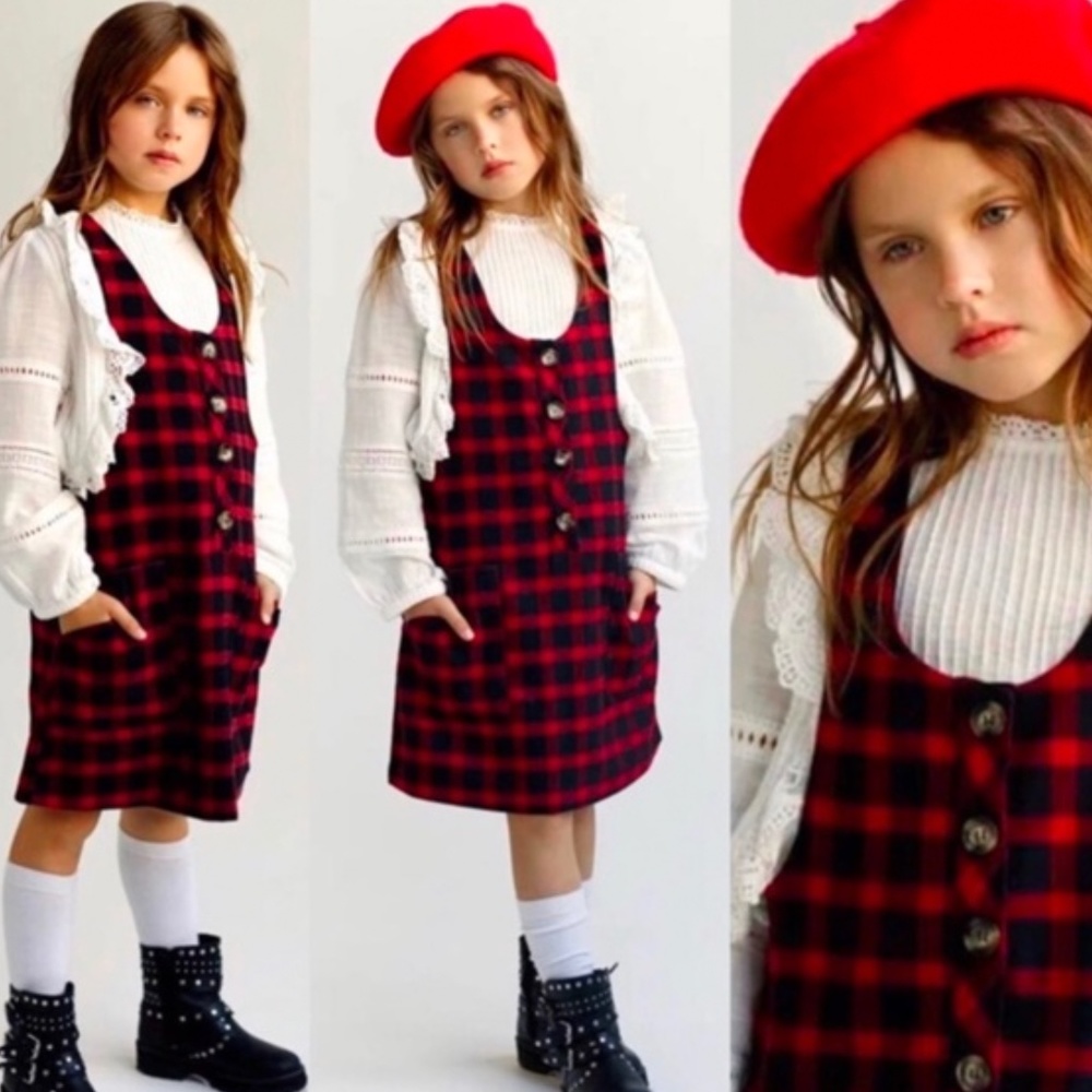 Zara  girls red checked dress.